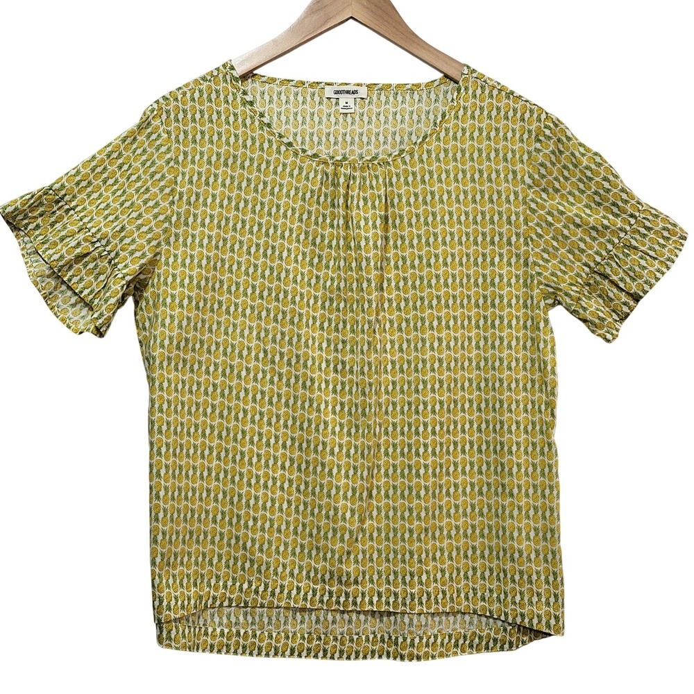 Goodthreads Womens Pineapple Print Ruffle Sleeve Cotton Blouse‎ Yellow M